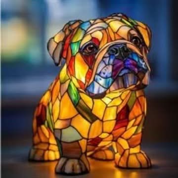 Sitzende Bulldoggen-Figur im Buntglas-Stil, vorn gesehen, mit faltigem Gesicht und leuchtenden gelb-orangen Glasflächen