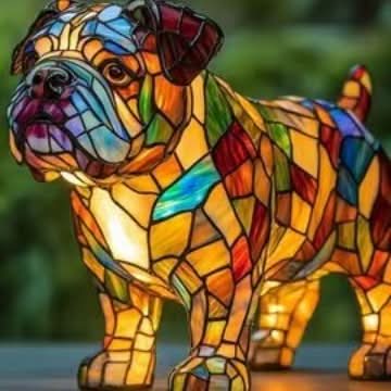 Stehende Bulldoggen-Lampe im Mosaikstil in Schrägansicht mit bunten Glasteilen
