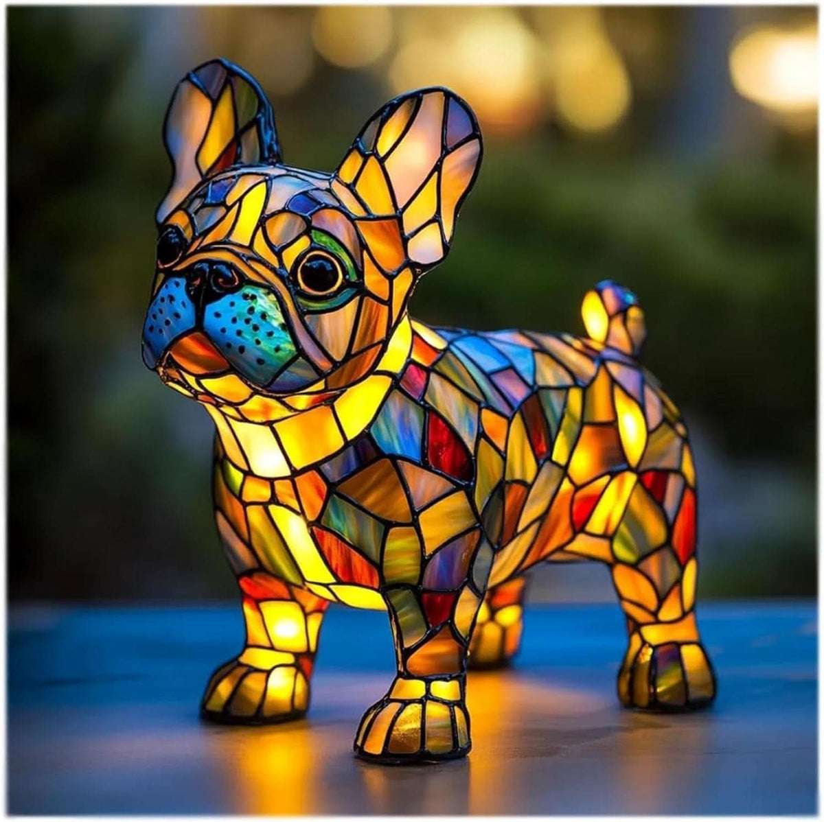 Stehende Mops- oder Bulldoggenfigur mit aufrechten Ohren, türkiser Schnauze und warm leuchtendem Mosaik