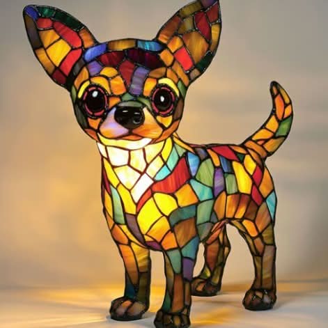 Stehende Chihuahua-Figur mit großen Ohren und runden roten Augen, bunter Mosaikkörper leuchtet warm