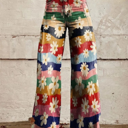 Herbstliche Retro-Blumenhose mit Schlag und hoher Taille – Mirella