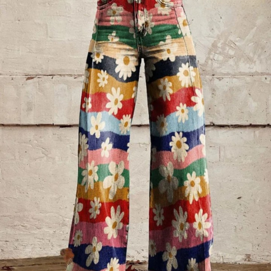 Herbstliche Retro-Blumenhose mit Schlag und hoher Taille – Mirella