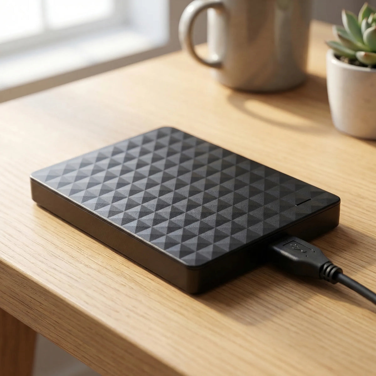 Schwarze Festplatte mit Rautenmuster und angeschlossenem USB-Kabel auf einem Holztisch neben Tasse und Sukkulente 1