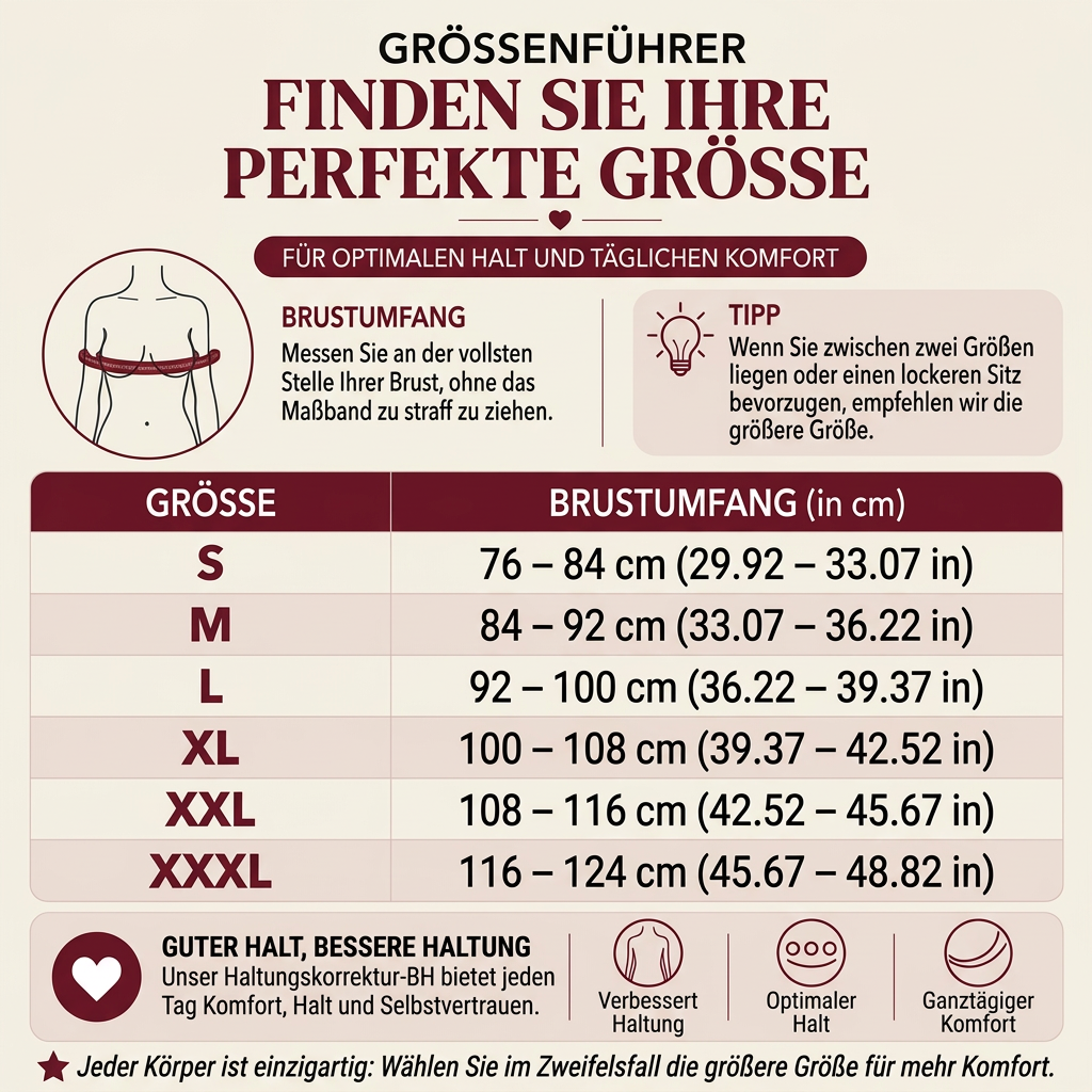 Größentabelle des BHs zur Haltungskorrektur mit Brustumfang in Zentimetern von S bis XXXL
