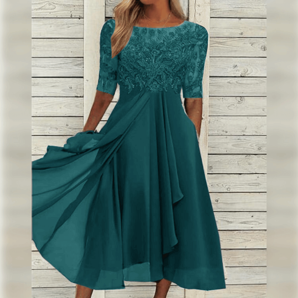 Damen Abendkleid, türkis, Spitze, knielang, elegantes Design, festliche Mode, Sommerkleid.