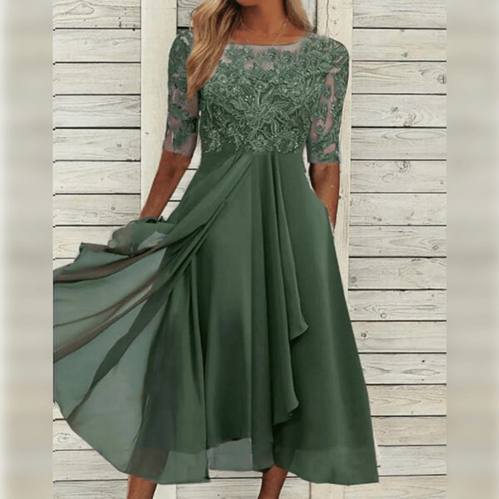 Grünes Abendkleid Damen, Spitze, knielang, elegant, festlich, Chiffon, 3/4-Ärmel.