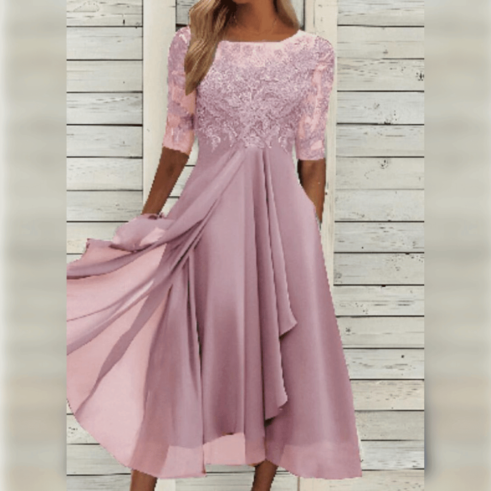Rosa Spitzenkleid Damen, knielang, elegantes Design, festliche Mode, Abendkleid, 2023 Trends