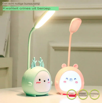 Zwei LED-Nachttischlampen in Tierform, grün und rosa, mit flexiblem Hals, Kinderzimmer-Dekor.