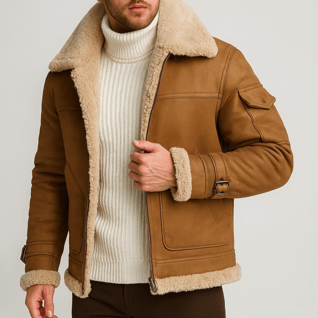 Cognacbraune Jacke mit hellem Fellkragen und Fellsaum, Model in Rollkragenpullover, Detail der aufgesetzten Tasche und Ärmelschnalle. 5