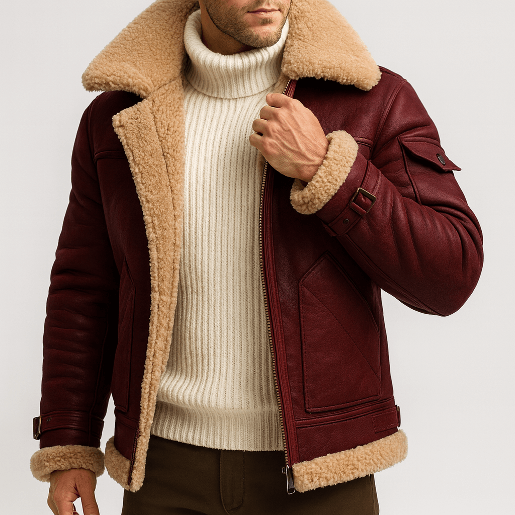 Weinrote Lederjacke mit breitem Webpelzkragen, getragen über cremefarbenem Rollkragenpullover, Model hält den Reißverschluss mit einer Hand. 1