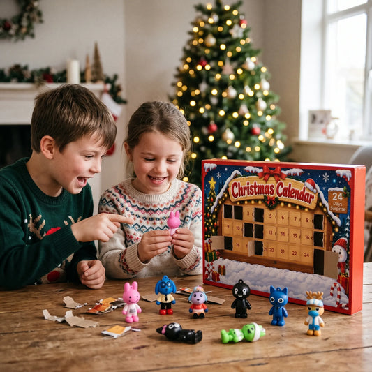 Zwei lachende Kinder in Weihnachtspullovern öffnen den teilweise geleerten Kalender und halten bunte Figuren vor dem 1