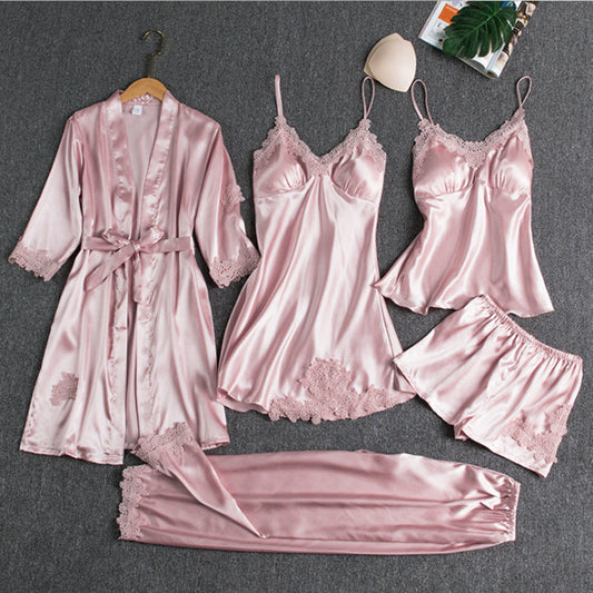 Satinschlafset 5-teilig mit Spitze für Damen – Liora