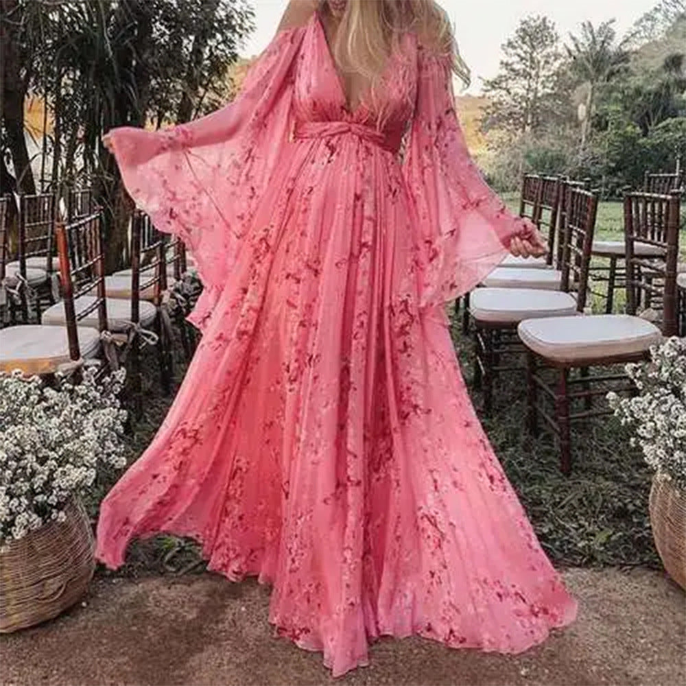 Herbstliches schickes rosa Chiffonkleid mit auslaufenden Ärmeln - Isabelle