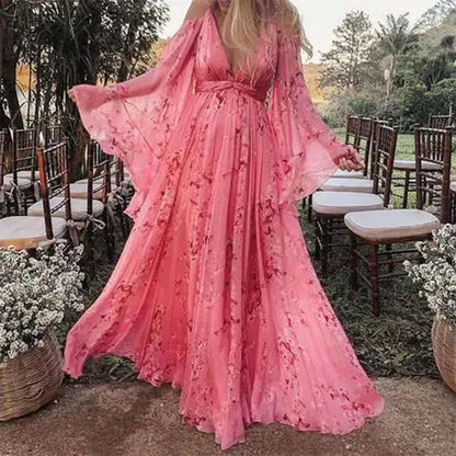 Herbstliches schickes rosa Chiffonkleid mit auslaufenden Ärmeln - Isabelle