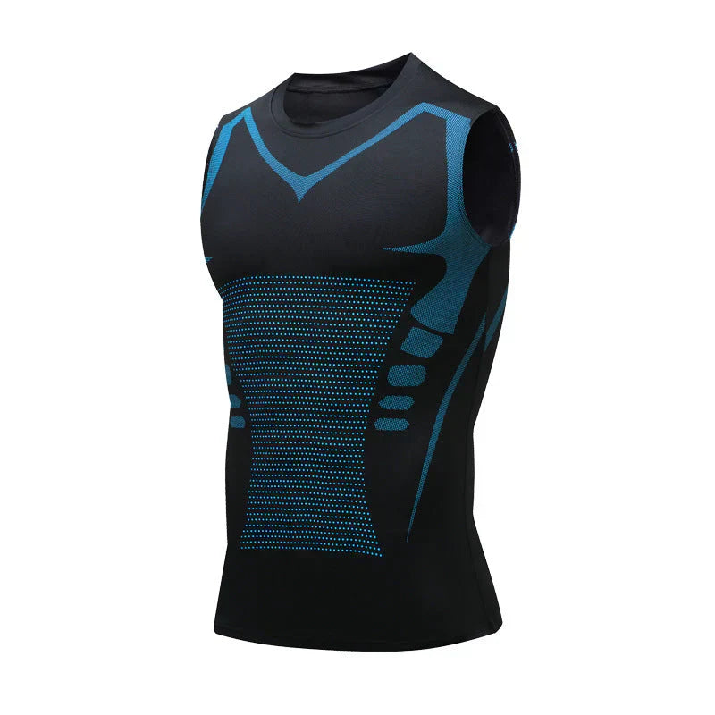 Schwarzes ärmelloses Sportshirt mit blauen Akzenten, atmungsaktiv, für Herren-Training.