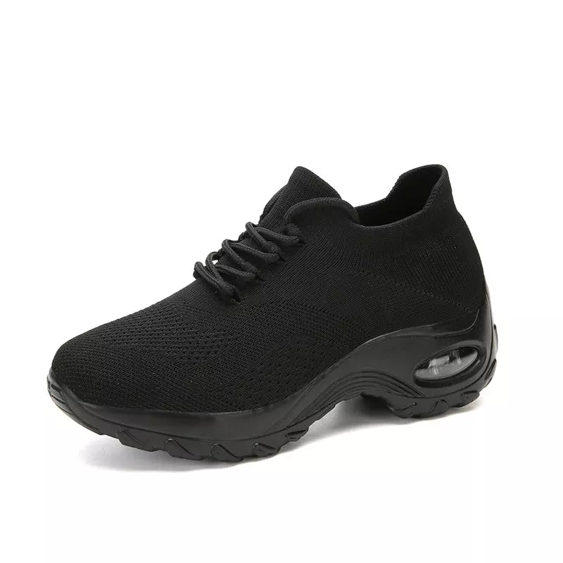 Schwarzer Sneaker mit Luftpolstersohle, atmungsaktives Mesh, bequeme Damen-Freizeitschuhe.