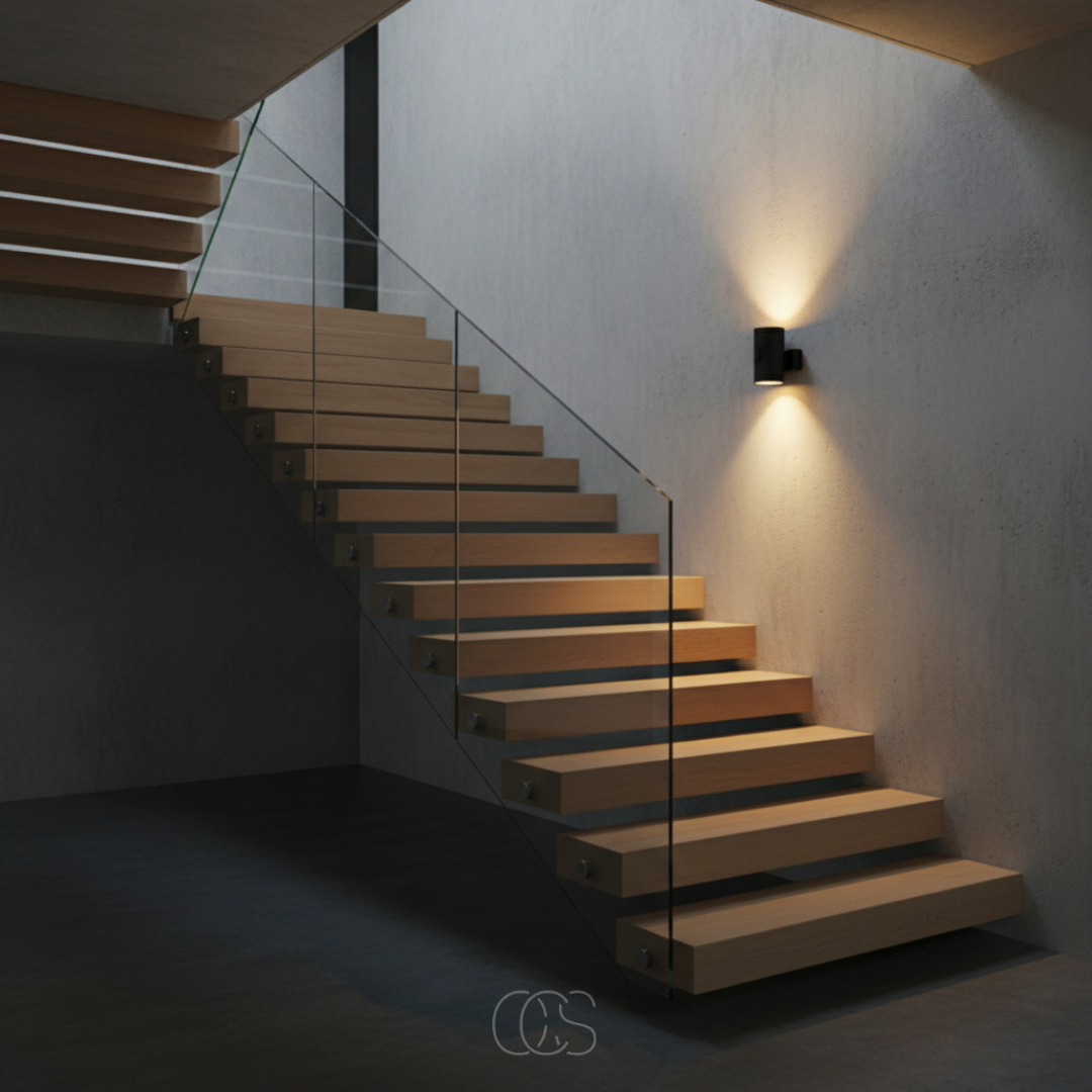 Schwarze Steckdosen-Nachtlampe an einer Betonwand neben einer Treppe