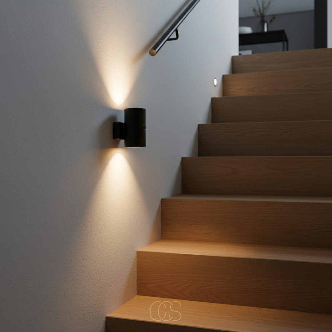 Schwarze Steckdosen-Nachtlampe neben einer Holztreppe