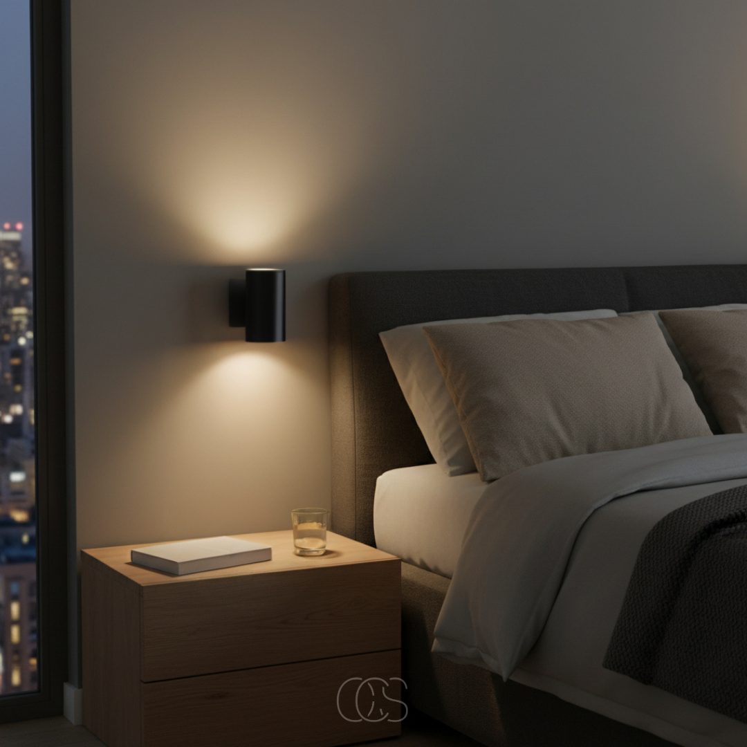 Schwarze Steckdosen-Nachtlampe neben einem Bett und Nachttisch