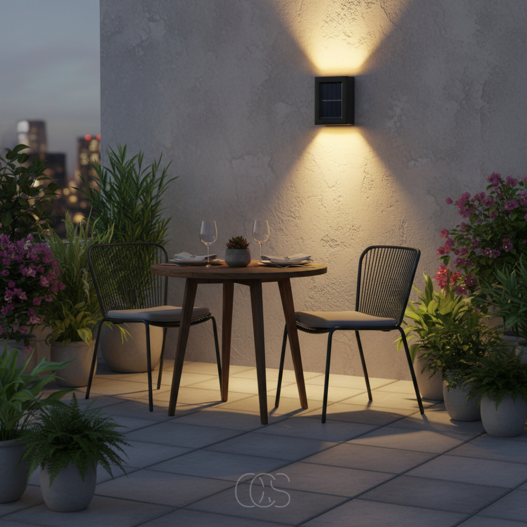Schwarze Solar-Wandleuchte mit warmweißem Licht an einer Terrassenwand