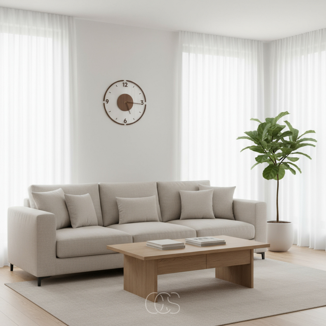 Die Uhr hängt an einer hellen Wand über einem beigen Sofa in einem Wohnzimmer 3