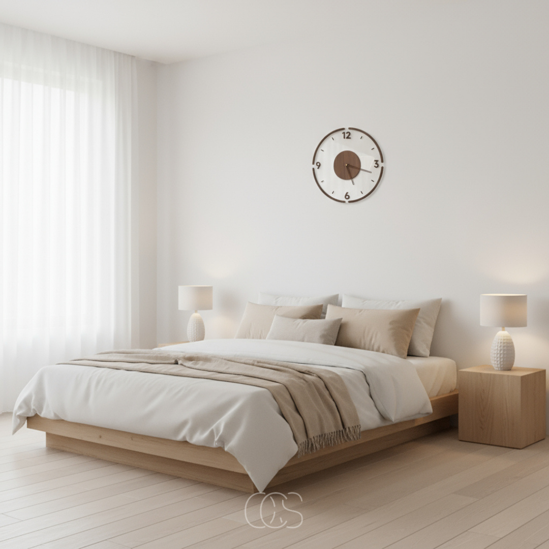 Die Wanduhr über einem Holzbett mit beiger Bettwäsche und Nachttischlampen im hellen Schlafzimmer 4