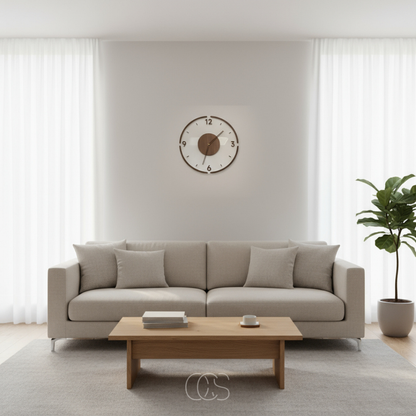 Frontale Wohnzimmeransicht mit der Uhr mittig über einem Sofa, davor ein Holztisch und eine Zimmerpflanze 6