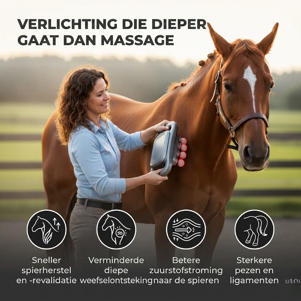Rotlicht-Massagegerät an der Flanke eines braunen Pferdes