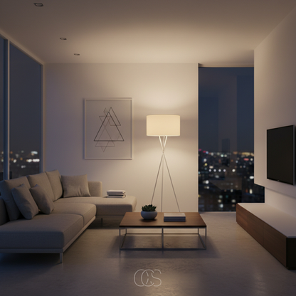 Weiße Stehlampe leuchtet abends warm in einem Wohnzimmer mit Ecksofa, Couchtisch und Blick auf die Stadt 7