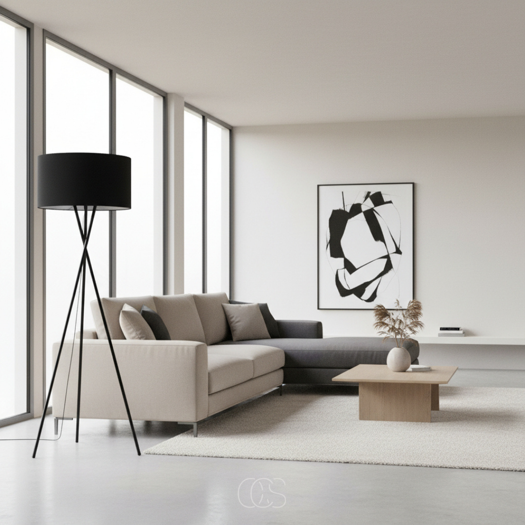 Schwarze Stehlampe mit Dreibeinfuß neben einem Ecksofa in einem hellen, modernen Wohnzimmer mit großen Fenstern 1