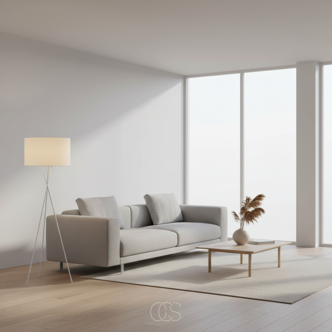 Weiße Stehlampe mit hellem Schirm neben grauem Sofa in einem hellen Raum mit Holzboden 6