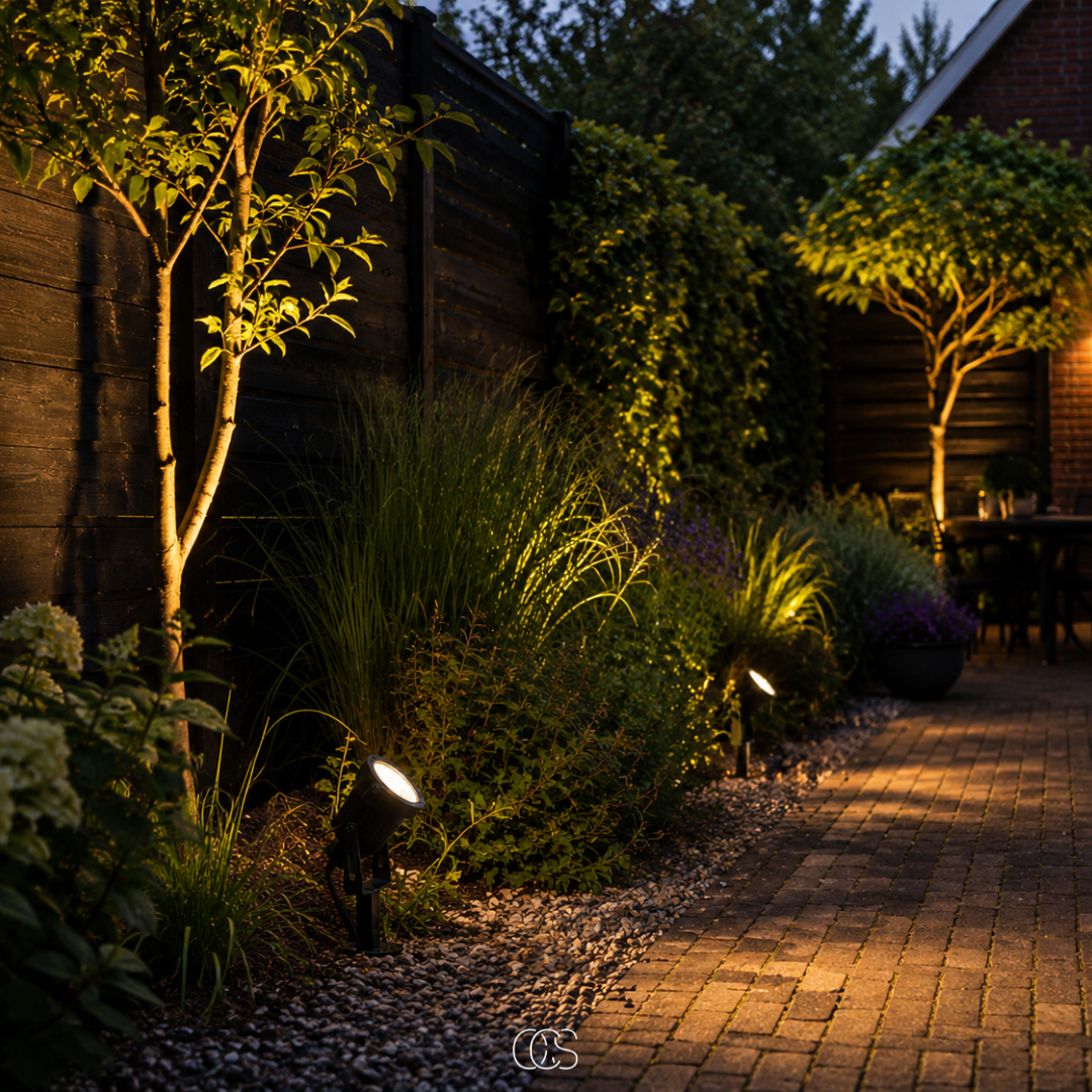 Mehrere schwarze LED-Gartenstrahler mit Erdspieß entlang eines Kiesbeets neben einem gepflasterten Weg.