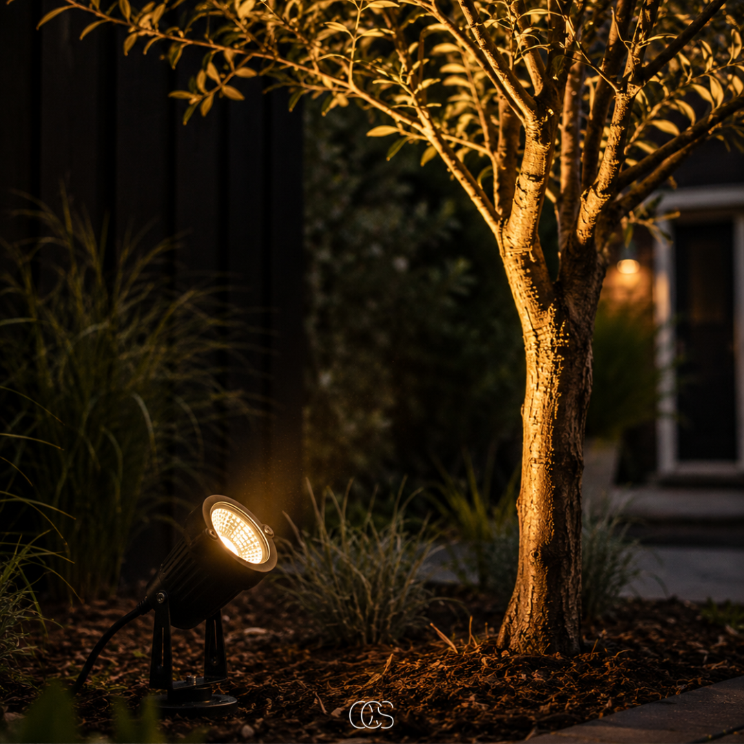 Schwarzer LED-Gartenstrahler mit Erdspieß aus Metall in detail richtet Licht auf einen Baumstamm.