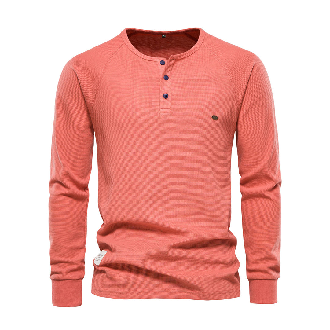 Orangefarbenes Langarmshirt für Herren, Baumwolle, Knopfleiste, Freizeitmode.