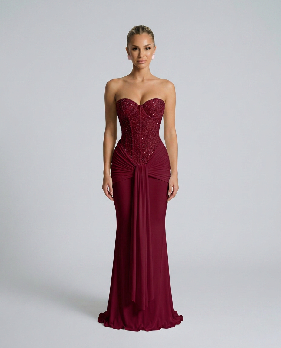 Weinrotes trägerloses Maxikleid mit glitzernder Korsage und Drapierung an der Taille, Frontansicht am Model 3