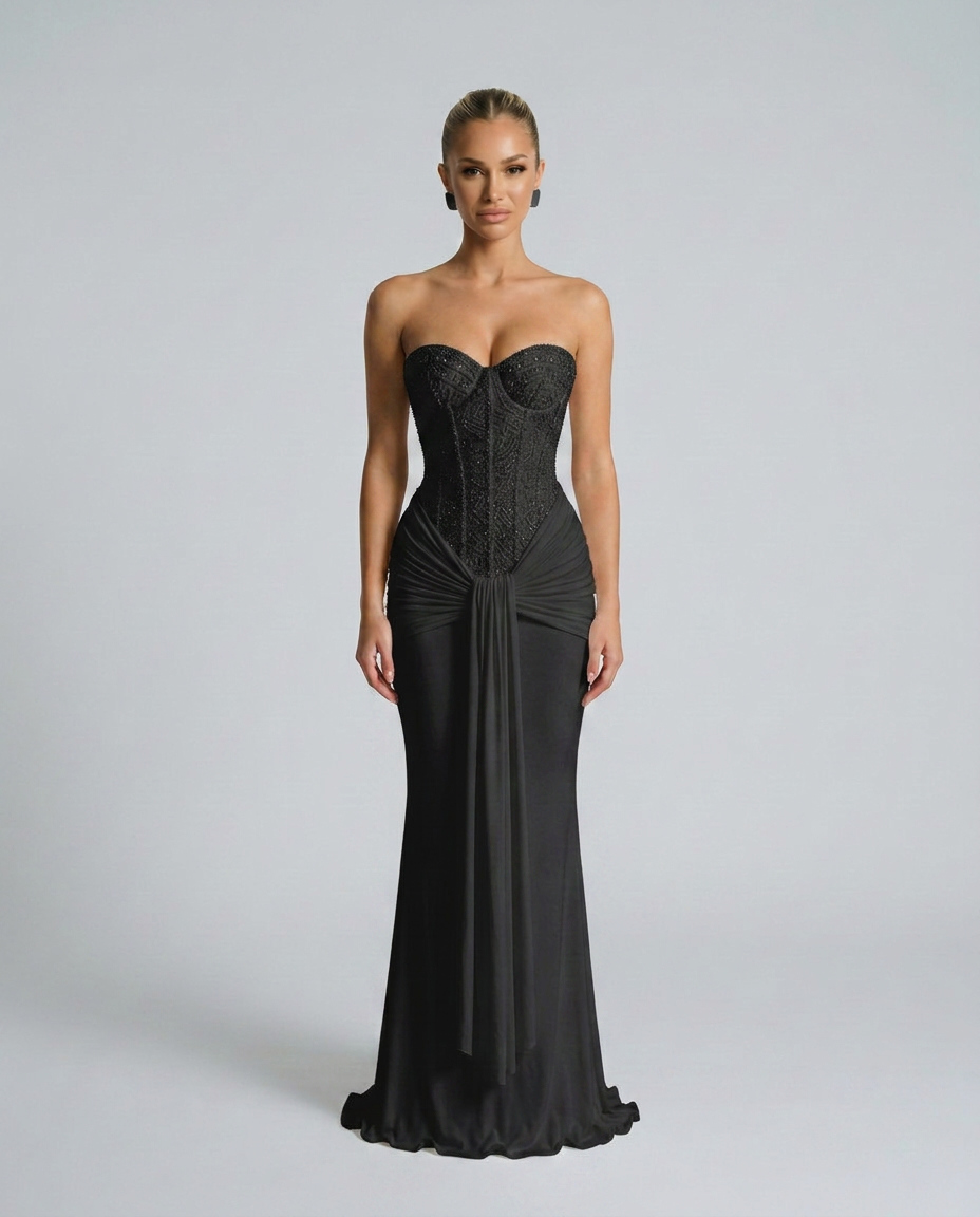 Schwarzes trägerloses Maxikleid mit besticktem Korsagenoberteil und drapiertem Tuch an der Taille, Frontansicht am Model 1