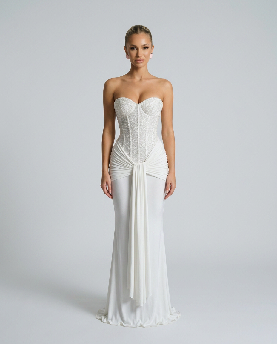 Weißes trägerloses Maxikleid mit perlenbesetzter Korsage und drapiertem Tuch an der Taille, Frontansicht am Model 6