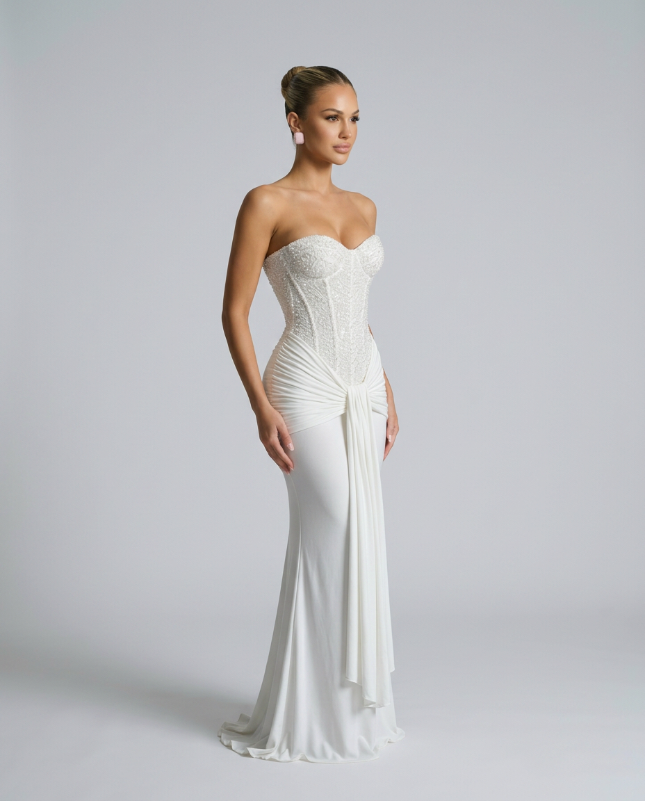 Weißes Kleid mit Perlenkorsage in seitlicher Dreiviertelansicht, Drapierung und Schleppe gut erkennbar 7