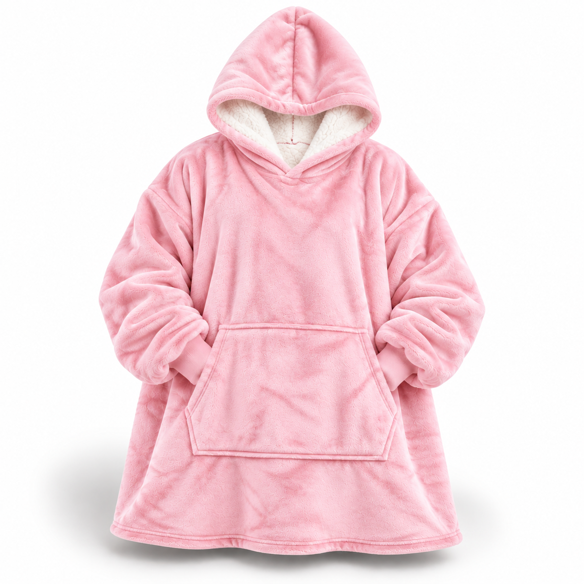 Rosa Ultraweiche Oversize-Sherpa-Hoodie-Decke (mit Tasche) von vorne mit weißem Sherpa-Futter in der Kapuze und großer Bauchtasche.
