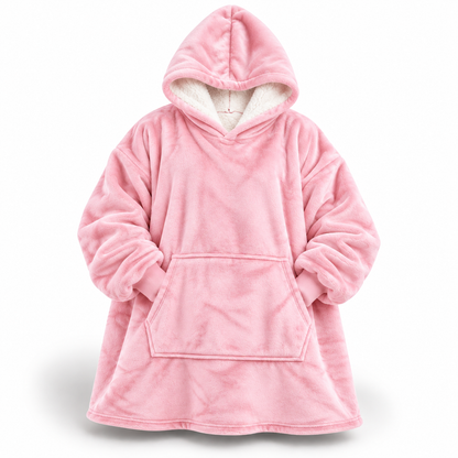 Rosa Ultraweiche Oversize-Sherpa-Hoodie-Decke (mit Tasche) von vorne mit weißem Sherpa-Futter in der Kapuze und großer Bauchtasche.