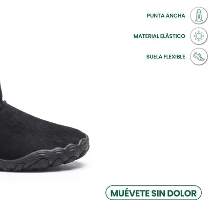 Vorderer Teil des schwarzen Stiefels mit breiter Zehenbox, daneben Symbole für flexible Sohle und elastisches Material 14