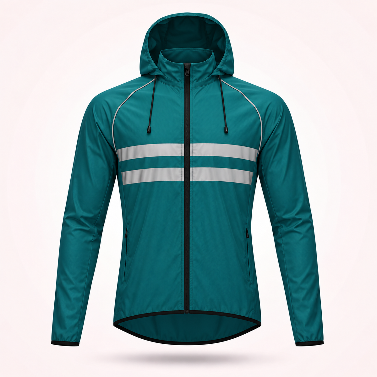 Petrolfarbene Fahrradjacke mit Kapuze und Zugbändern in der Frontansicht, mit zwei hellen Reflexstreifen und Seitentaschen. 18