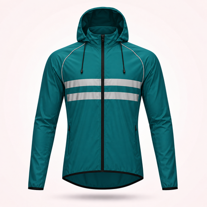 Petrolfarbene Fahrradjacke mit Kapuze und Zugbändern in der Frontansicht, mit zwei hellen Reflexstreifen und Seitentaschen. 18