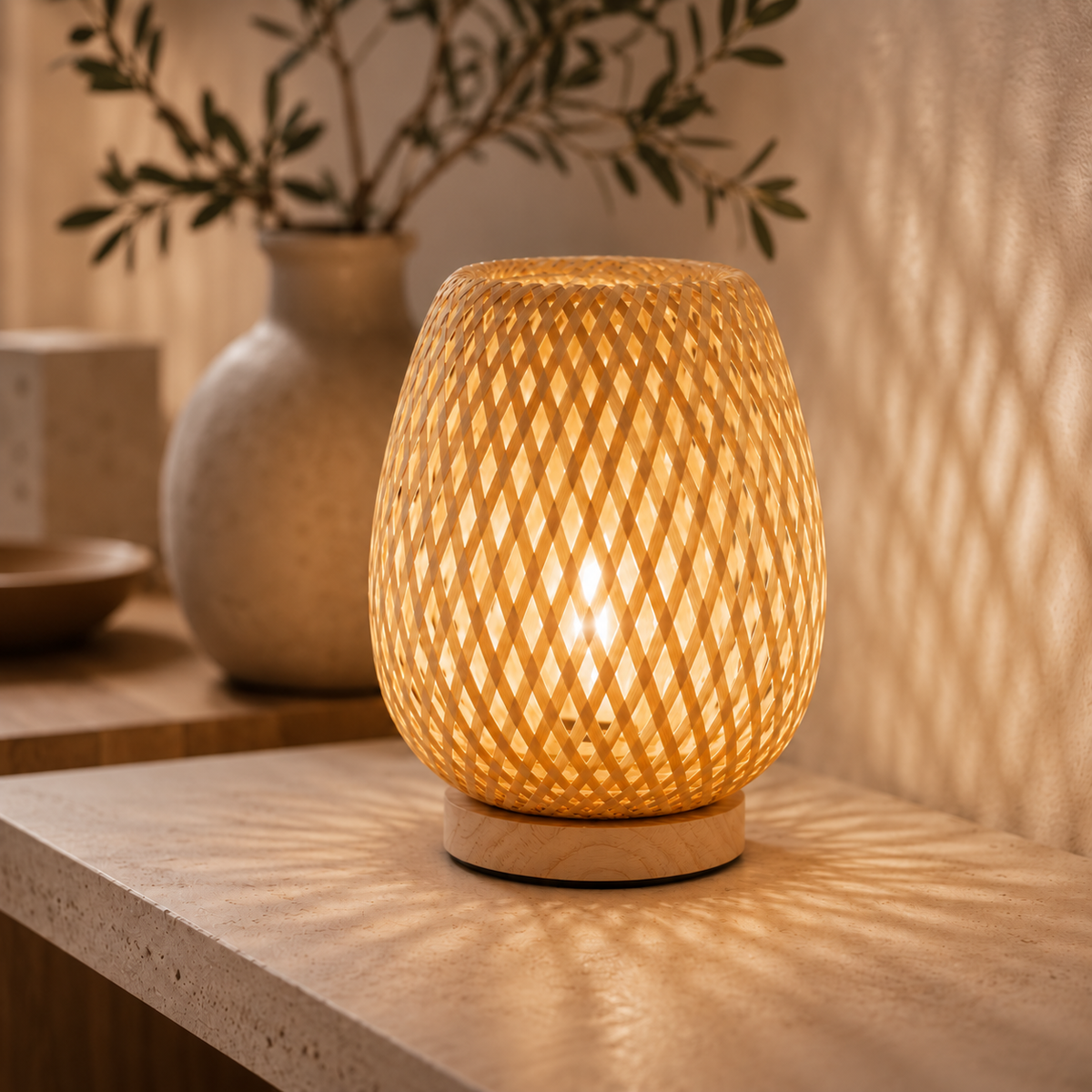 Leuchtende Bambus-Tischlampe mit geflochtenem Schirm und Holzfuß auf einer Steinkonsole