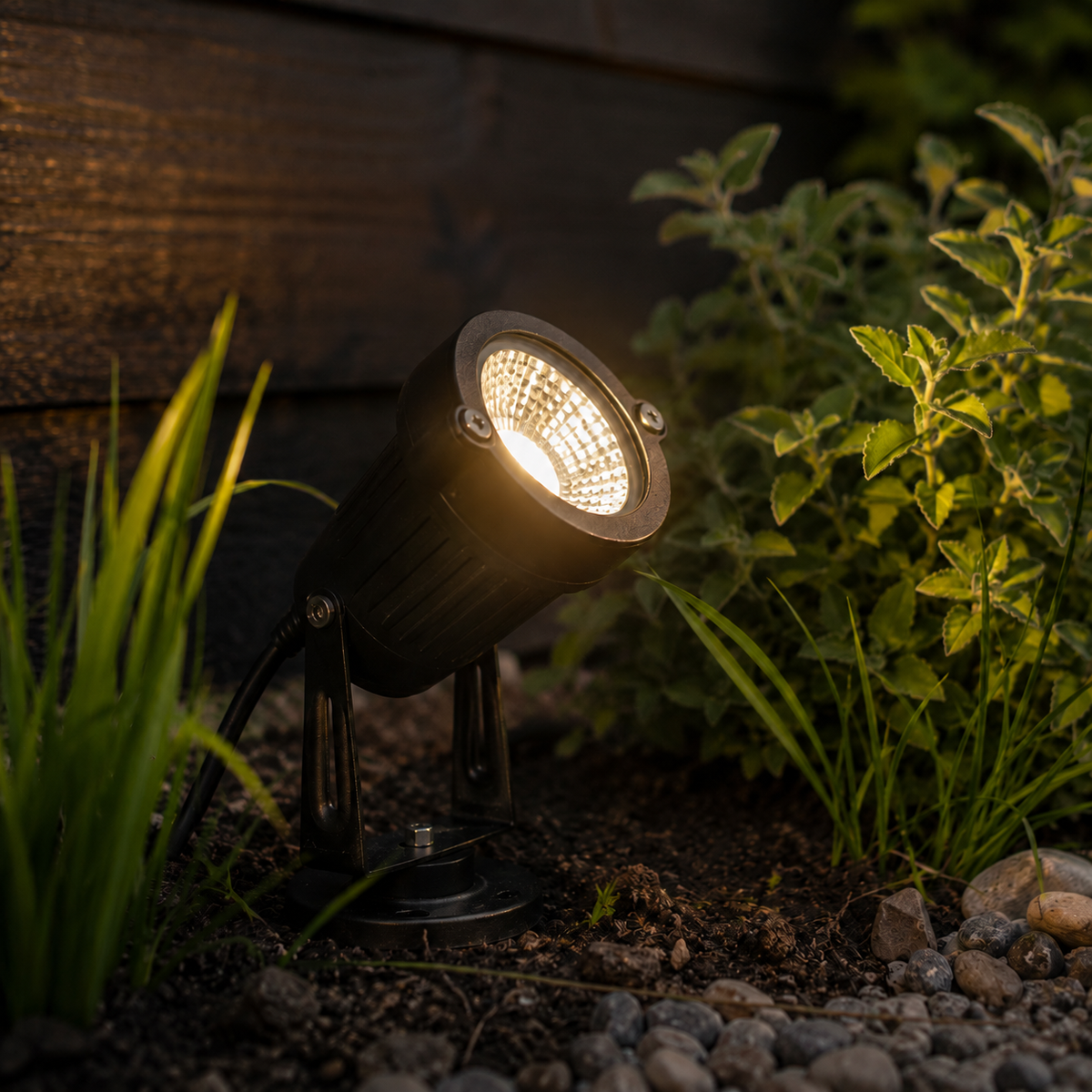Leuchtender schwarzer LED-Gartenstrahler mit Erdspieß aus Metall im Beet vor dunkler Holzwand.