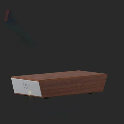 Winkelblock aus Holz mit grauer Frontplatte schräg von der Seite vor dunklem Hintergrund. 3