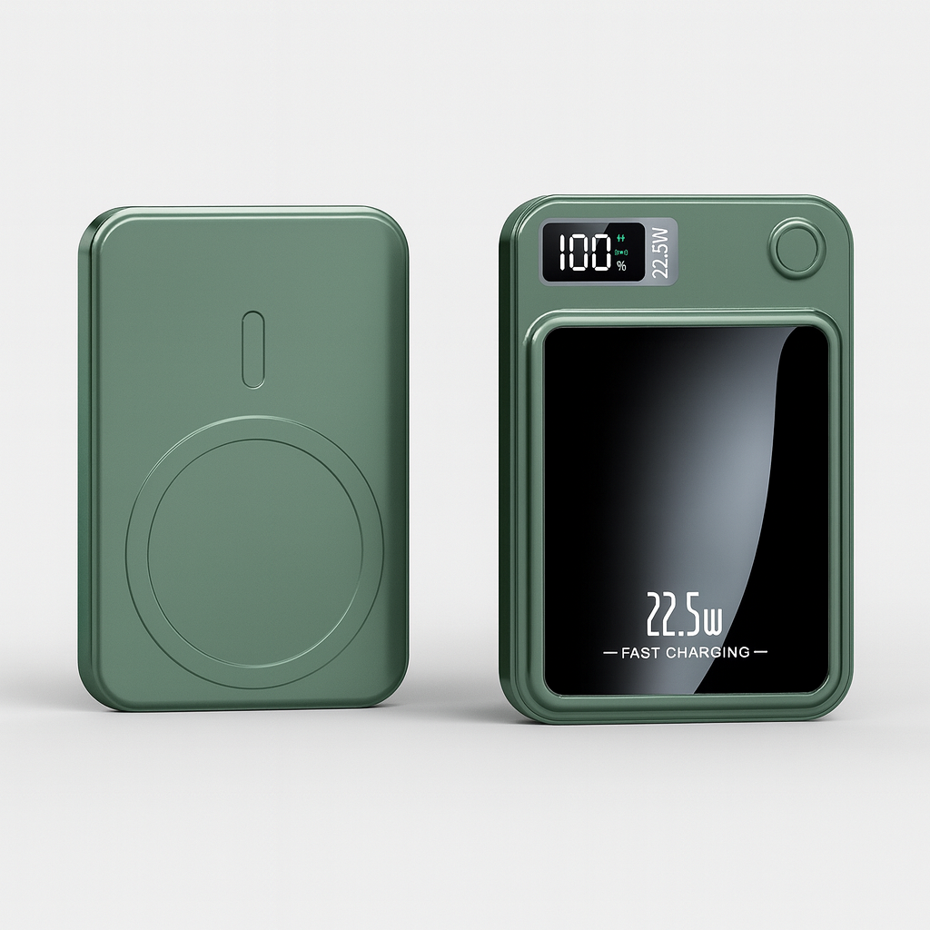 Grüne Powerbank mit Front- und Rückseite, Ladeanzeige und Magnetbereich.
