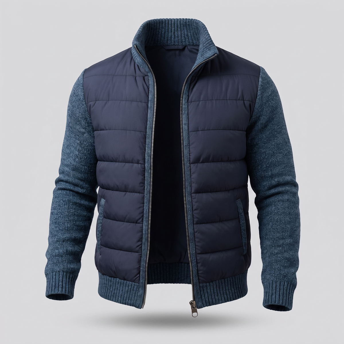 Marineblaue Steppjacke mit blau melierten Strickärmeln und Stehkragen, offen, frontal fotografiert 4