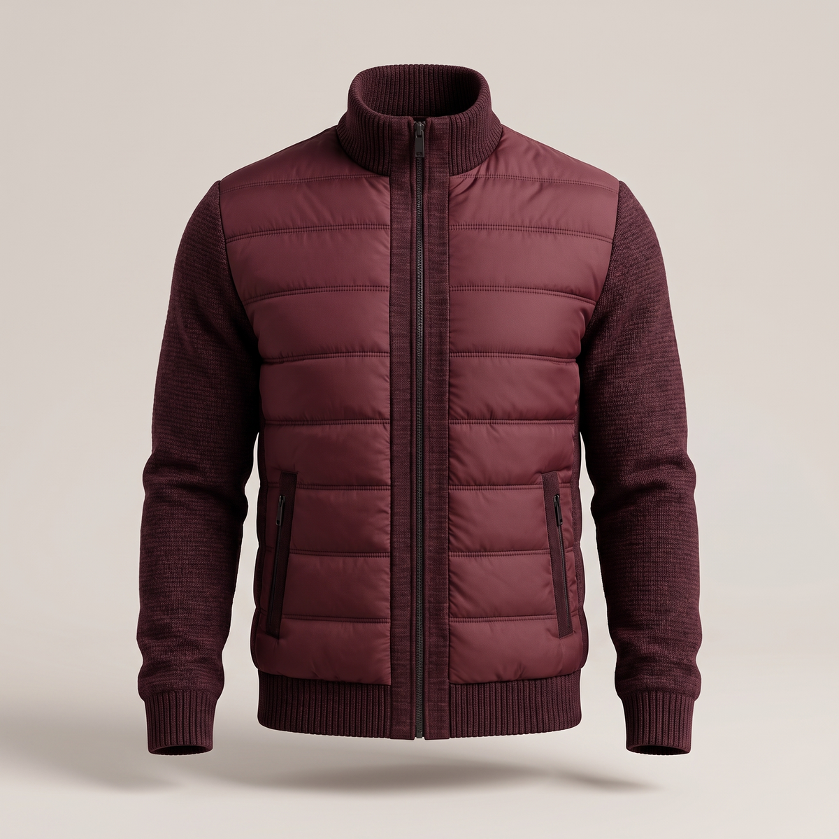 Weinrote Steppjacke mit Strickärmeln, geschlossenem Reißverschluss und zwei Reißverschlusstaschen, Frontansicht 5