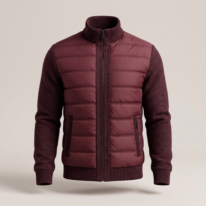 Weinrote Steppjacke mit Strickärmeln, geschlossenem Reißverschluss und zwei Reißverschlusstaschen, Frontansicht 5